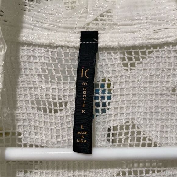 IC By Connie K Womens Duster L Open Front White Mesh Appliqué Overlay 3/4 Sleeve - Picture 3 of 9